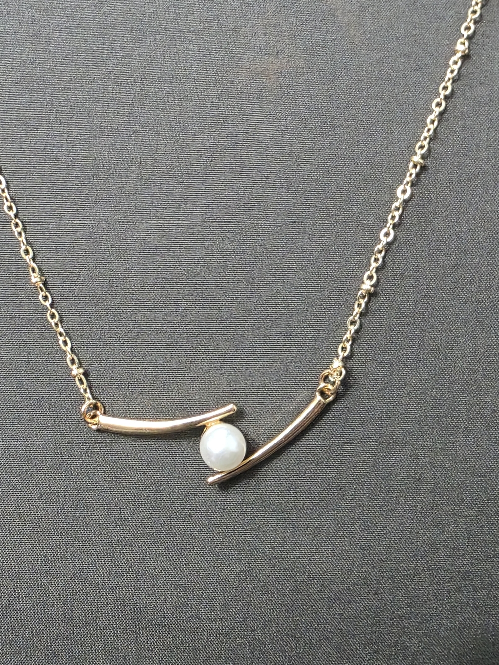 Estate Gold Tone - Curve Pendant Necklace - White Faux Pearl - 276